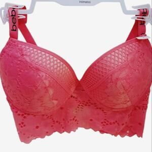 bebe Bustier Bra 34DD Lace Fringe Coral Pink Bra Lace Trim Edge w Sporty Straps